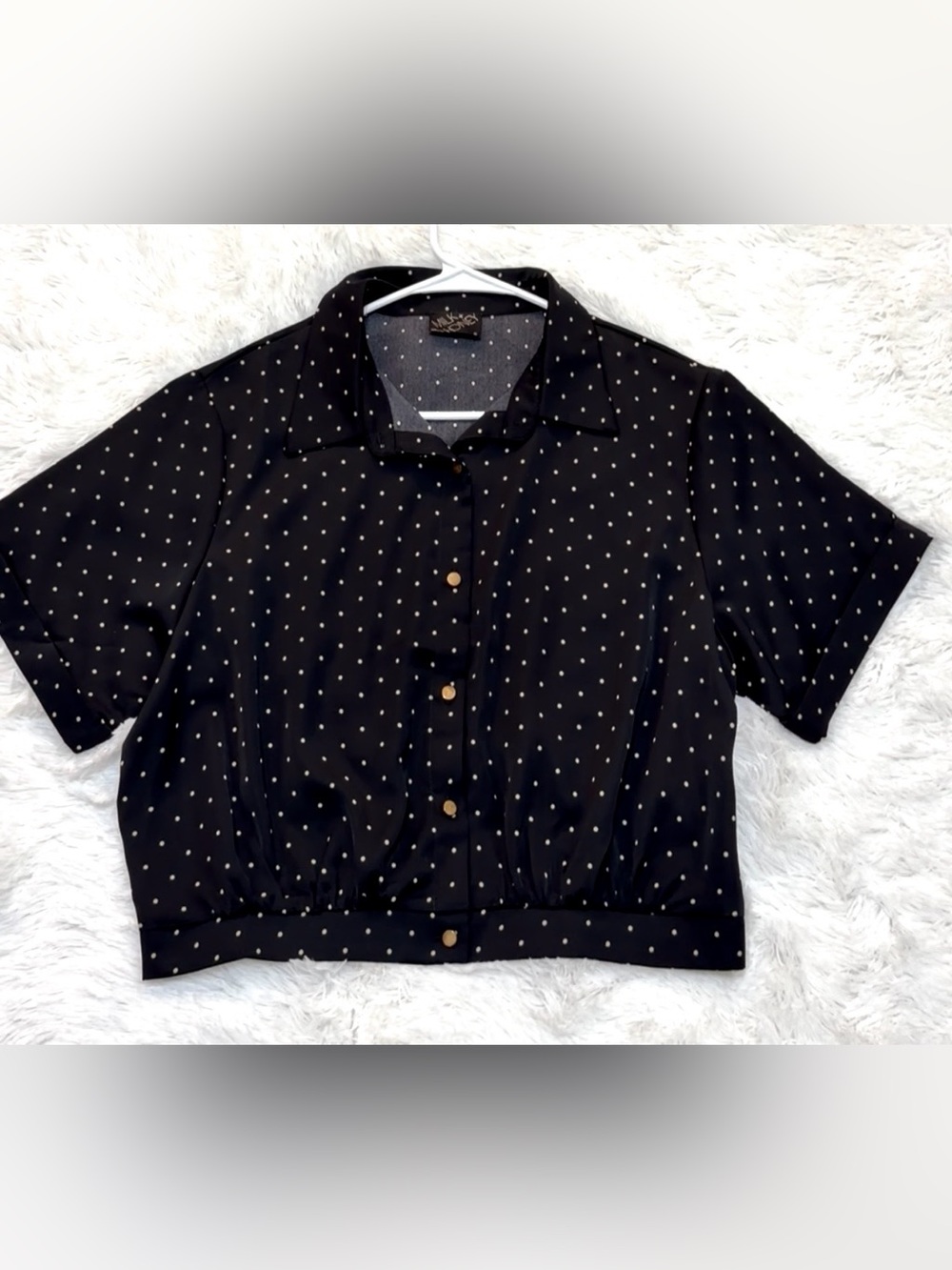 Milk & Honey Black Polka Dot Gold Tone Button-Front Blouse With Elastic Waist. L